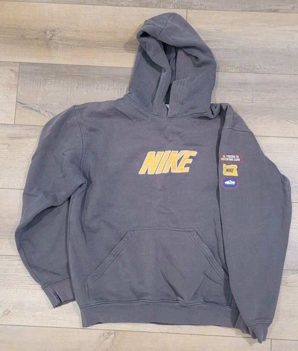 Vintage Nike Spellout Gray Hoodie Sweatshirt Sleeve Patches Size Medium Faded